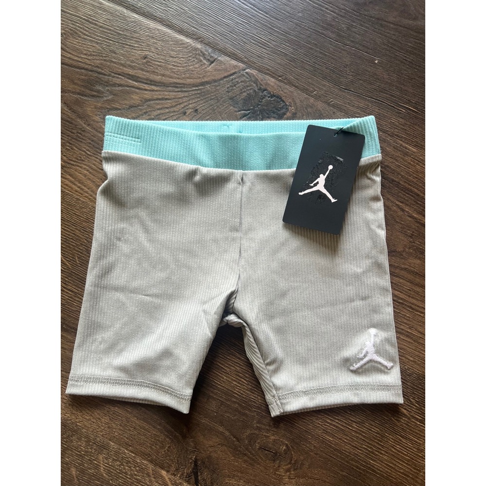Jordan Girls Light Gray Heather Ribbed Biker Shorts Teal Waistband 6X 35C388-G2H